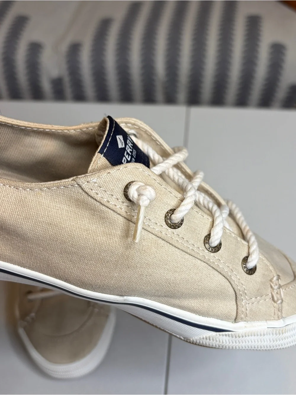 Sperry Beige Canvas Boat Shoes with White Soles 8
